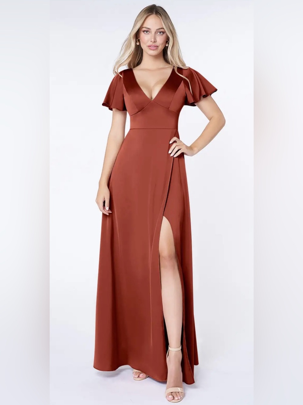 Azazie lani stretch satin terracotta dress